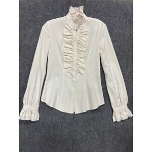 Bling Cream Ruffle Jabot Blouse Victorian High Neck Long Sleeve Top